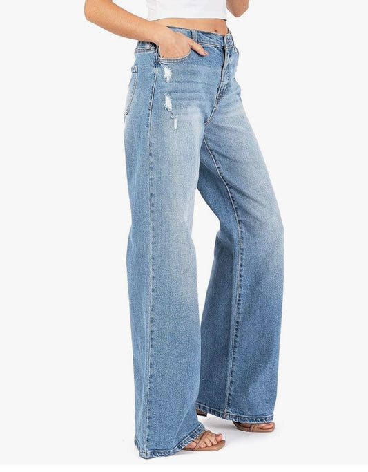 LIGHT WASHED CURVEY HI-RISE WIDE LEG